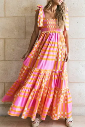 Pink Boho Gingham Maxi Dress