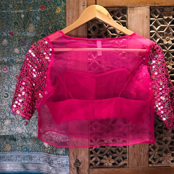 Pink Mirror Work Organza Top Blouse - Pre Order