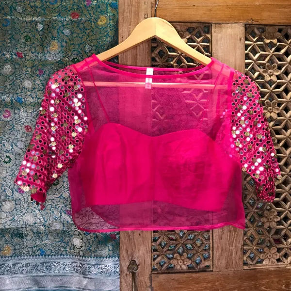 Pink Mirror Work Organza Top Blouse - Pre Order