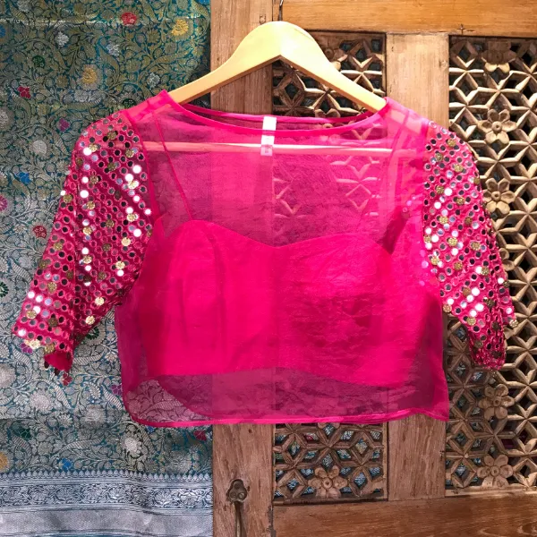 Pink Mirror Work Organza Top Blouse - Pre Order