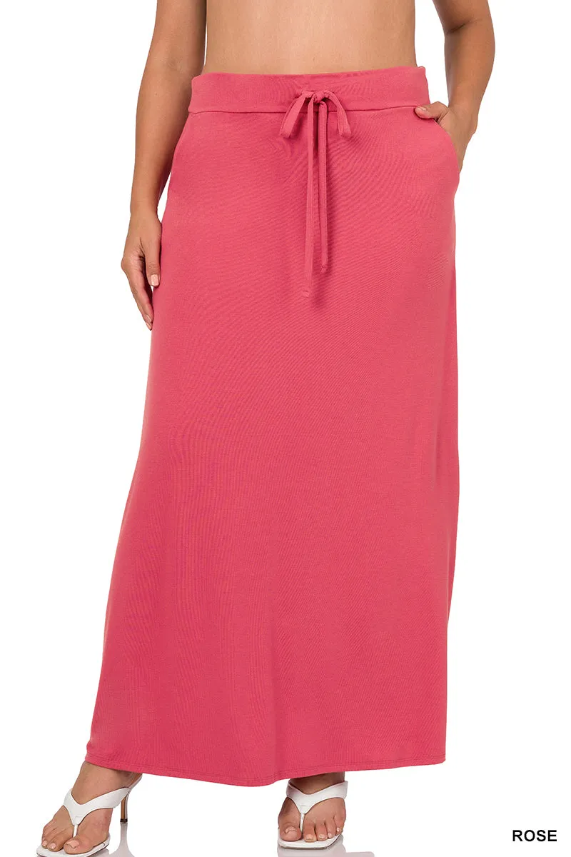 Plus Relaxed Drawstring Waist Draped Basic Maxi Skirts with Side Pockets