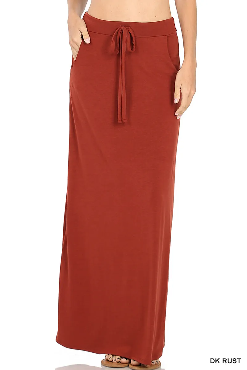 Plus Relaxed Drawstring Waist Draped Basic Maxi Skirts with Side Pockets