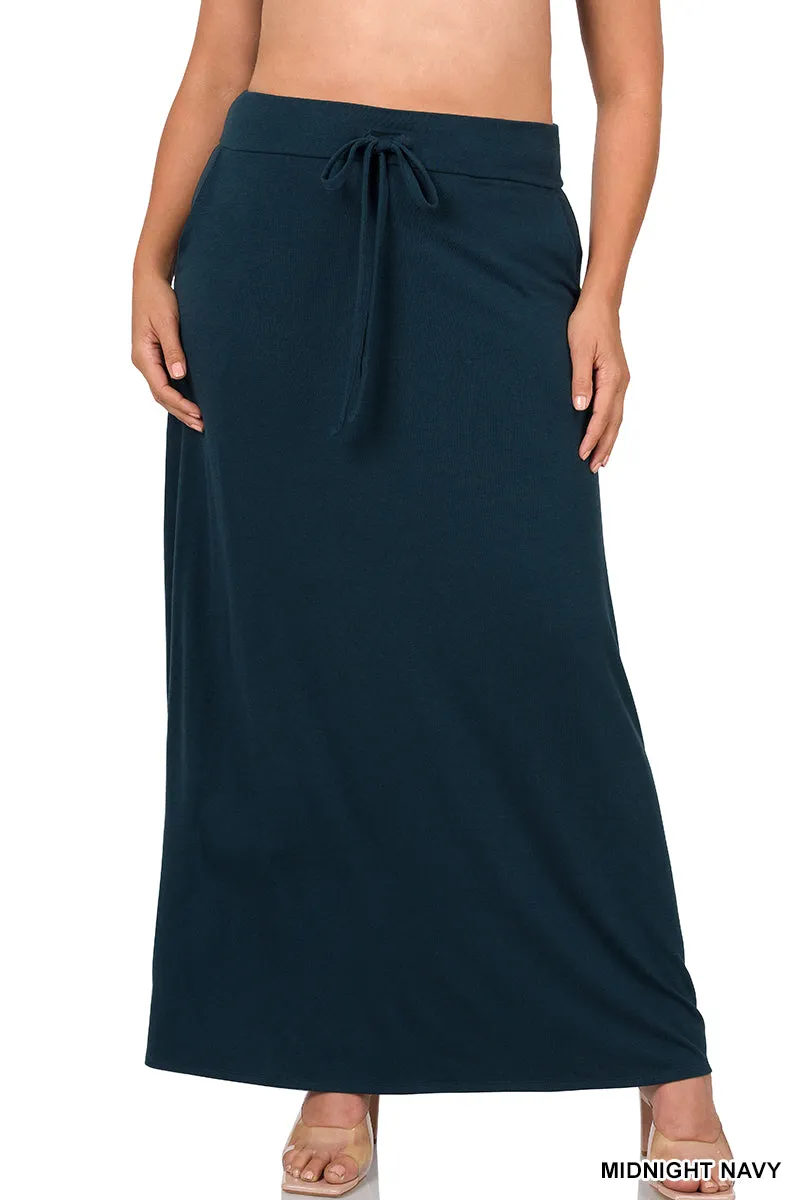 Plus Relaxed Drawstring Waist Draped Basic Maxi Skirts with Side Pockets