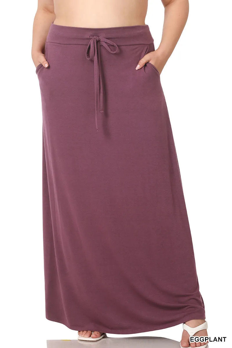 Plus Relaxed Drawstring Waist Draped Basic Maxi Skirts with Side Pockets