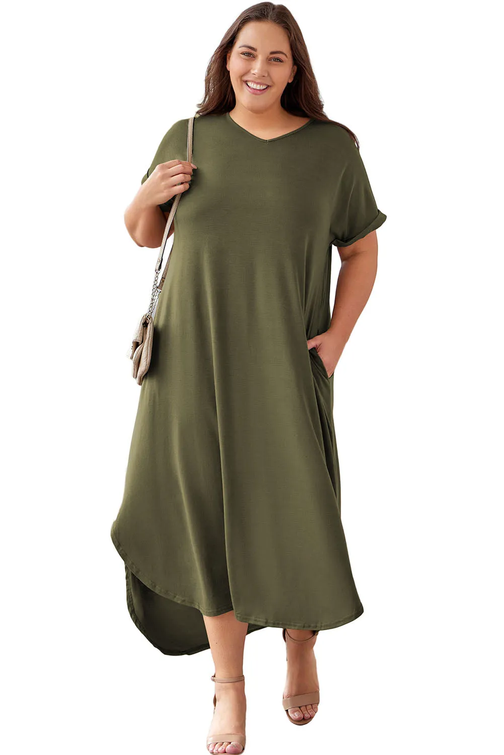 Plus Size Rolled Cuffs Maxi Dress