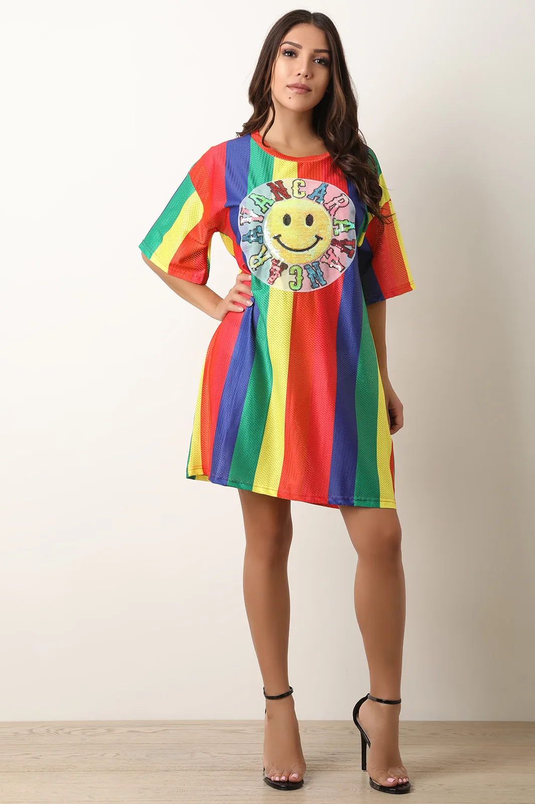 Rainbow Stripe Mesh Sequin Graphic Print T-Shirt Dress