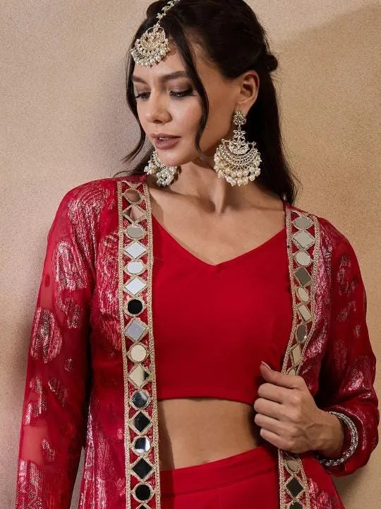 Red Crop Top With Bell Bottom Palazzo and Shrug Set for Women