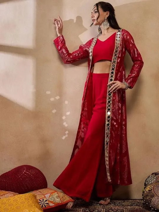 Red Crop Top With Bell Bottom Palazzo and Shrug Set for Women