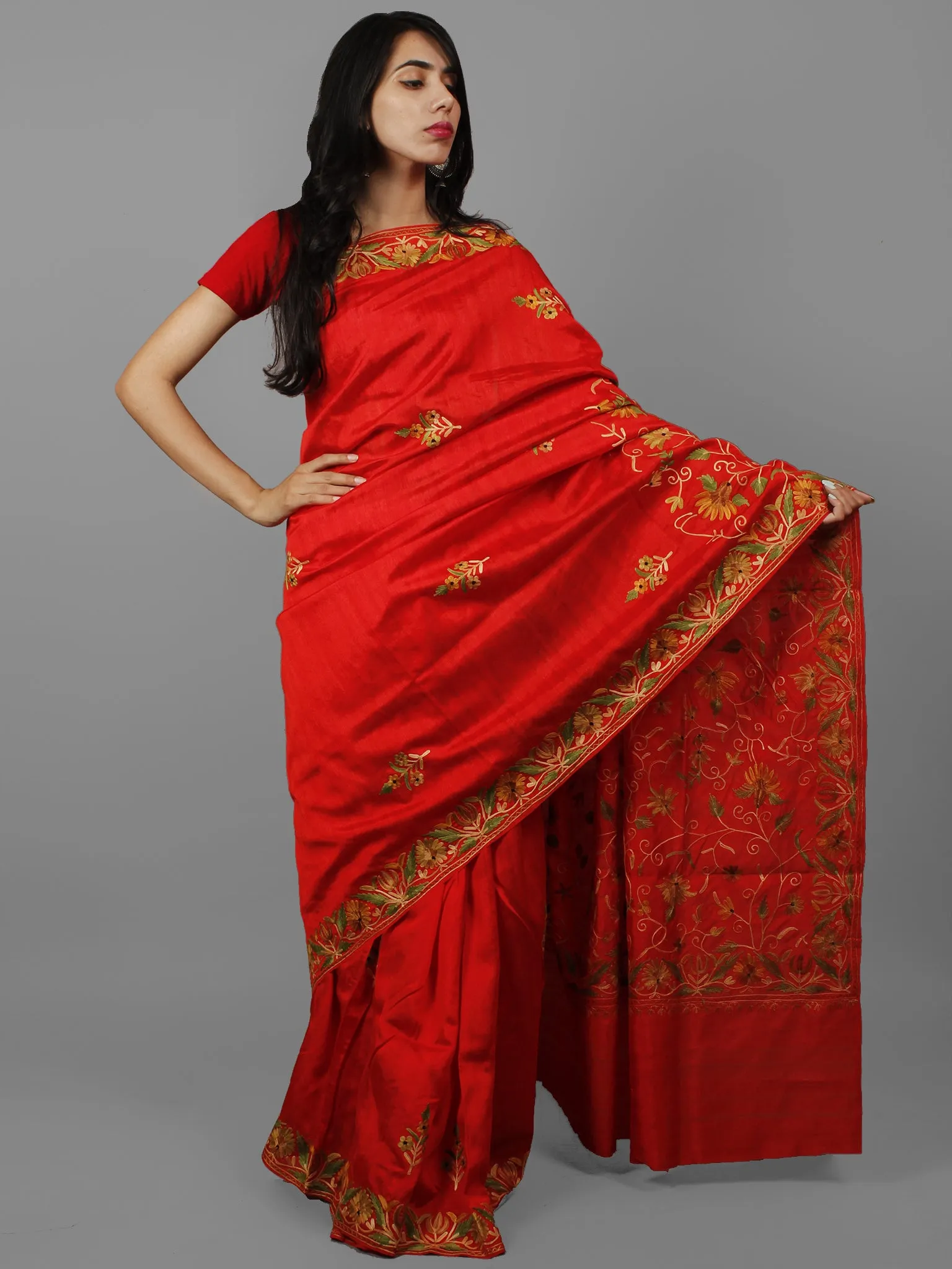 Red Golden Yellow Green Aari Embroidered Bhagalpuri Silk  Saree From Kashmir  - S031702150