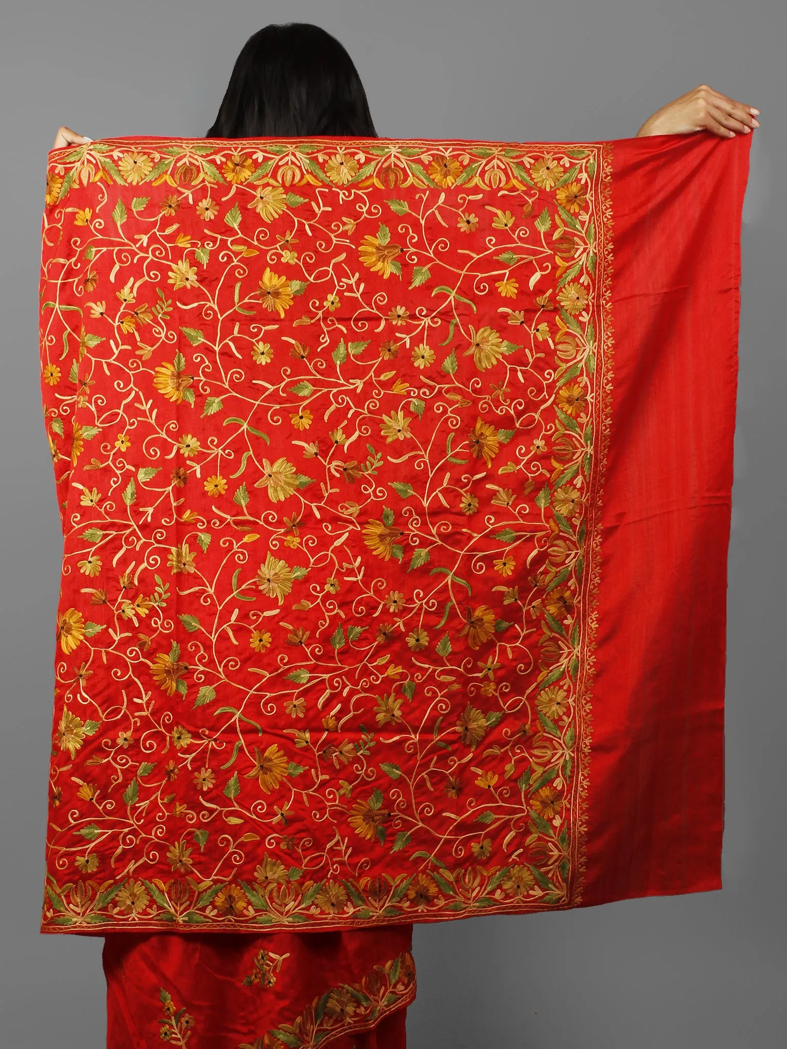 Red Golden Yellow Green Aari Embroidered Bhagalpuri Silk  Saree From Kashmir  - S031702150