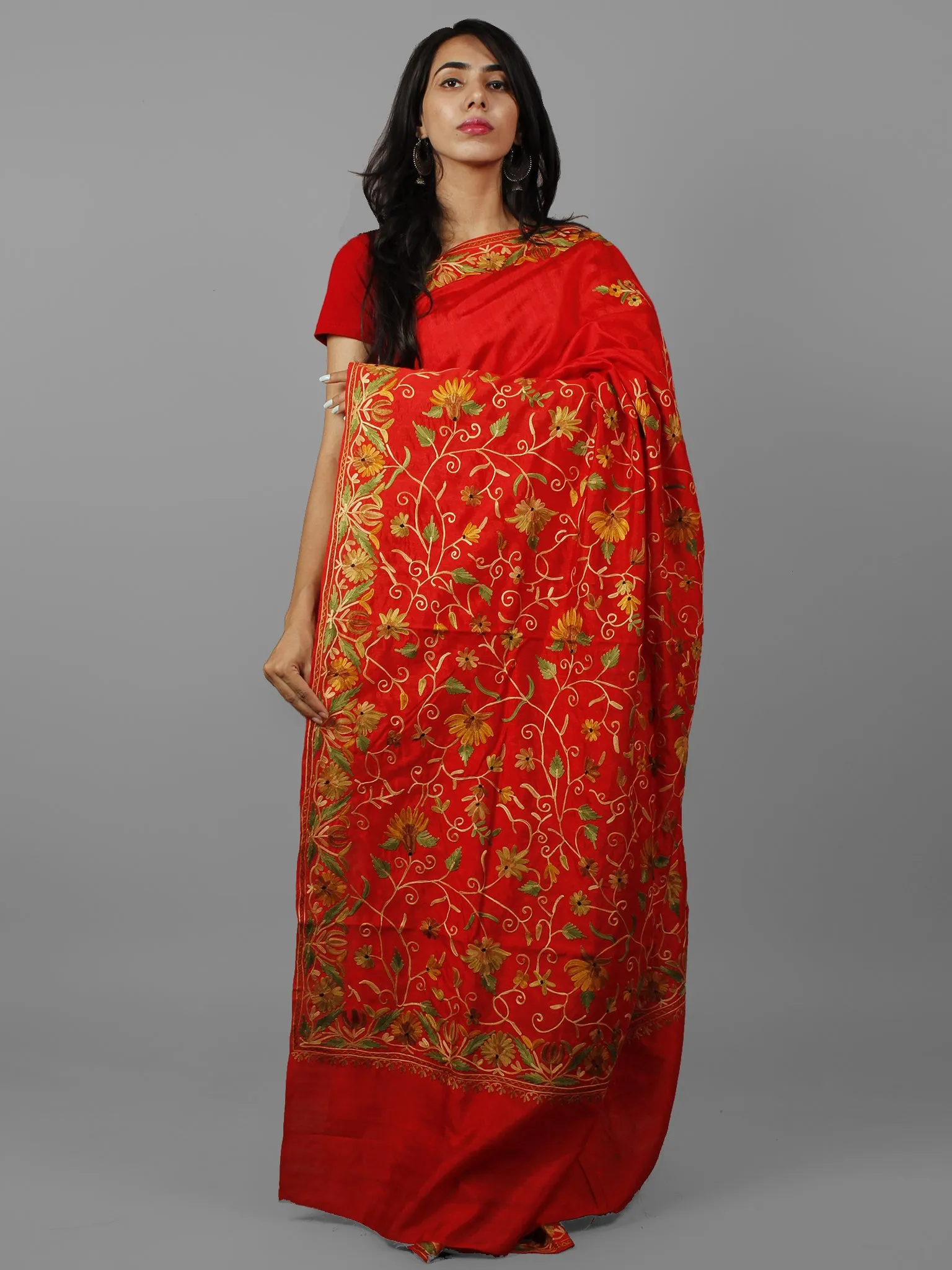 Red Golden Yellow Green Aari Embroidered Bhagalpuri Silk  Saree From Kashmir  - S031702150