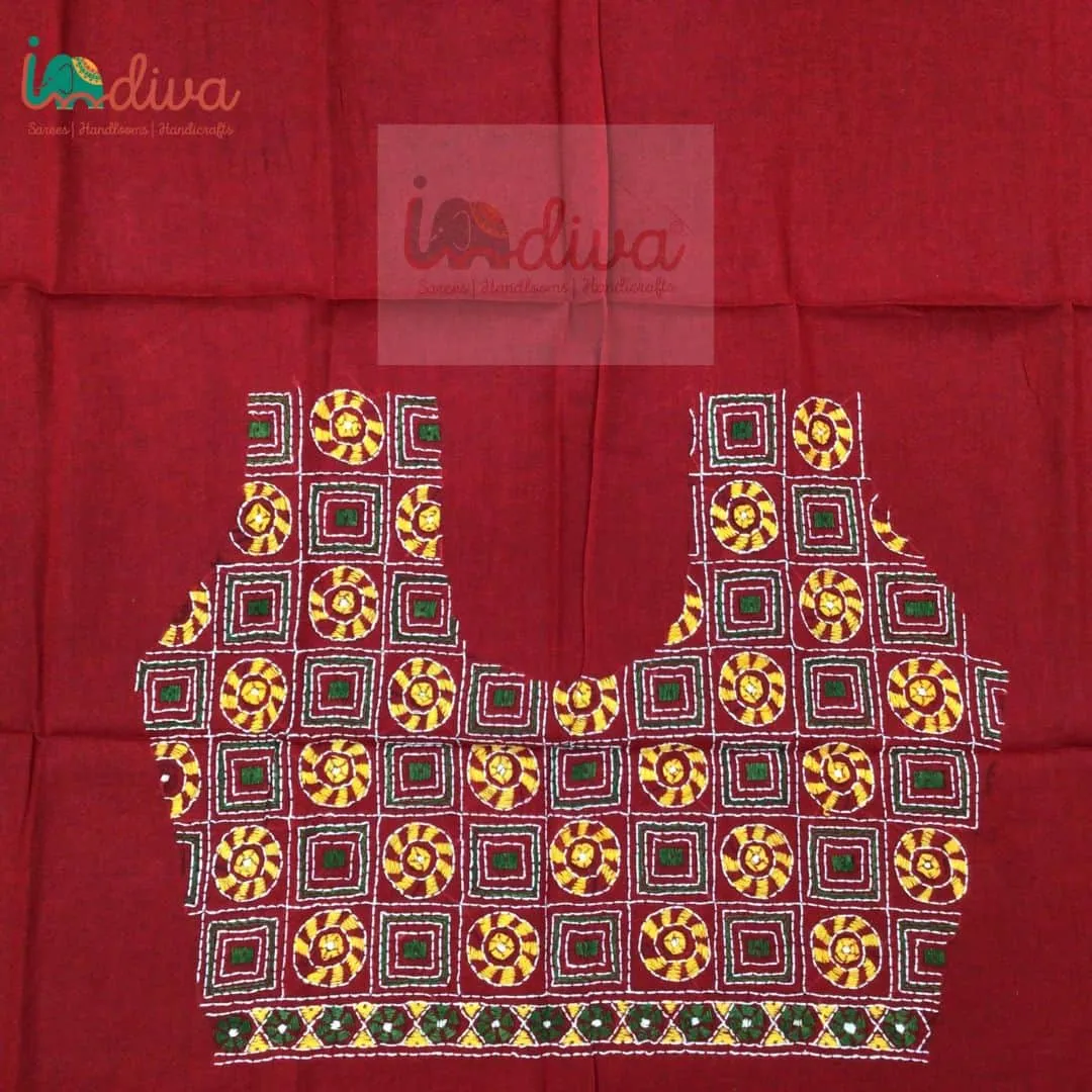 Red Kantha Blouse Fabric With Green & Yellow Geometric Motifs