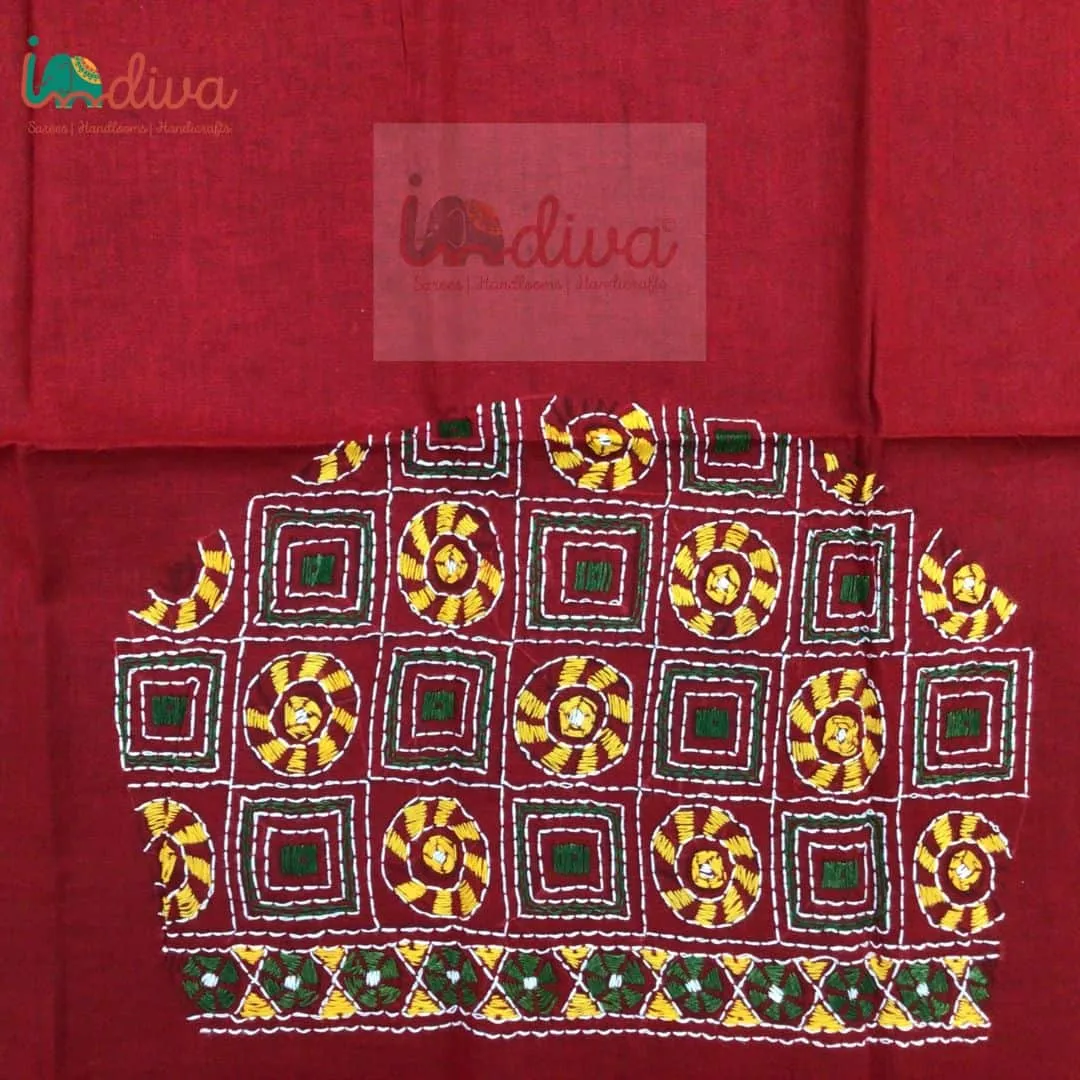 Red Kantha Blouse Fabric With Green & Yellow Geometric Motifs