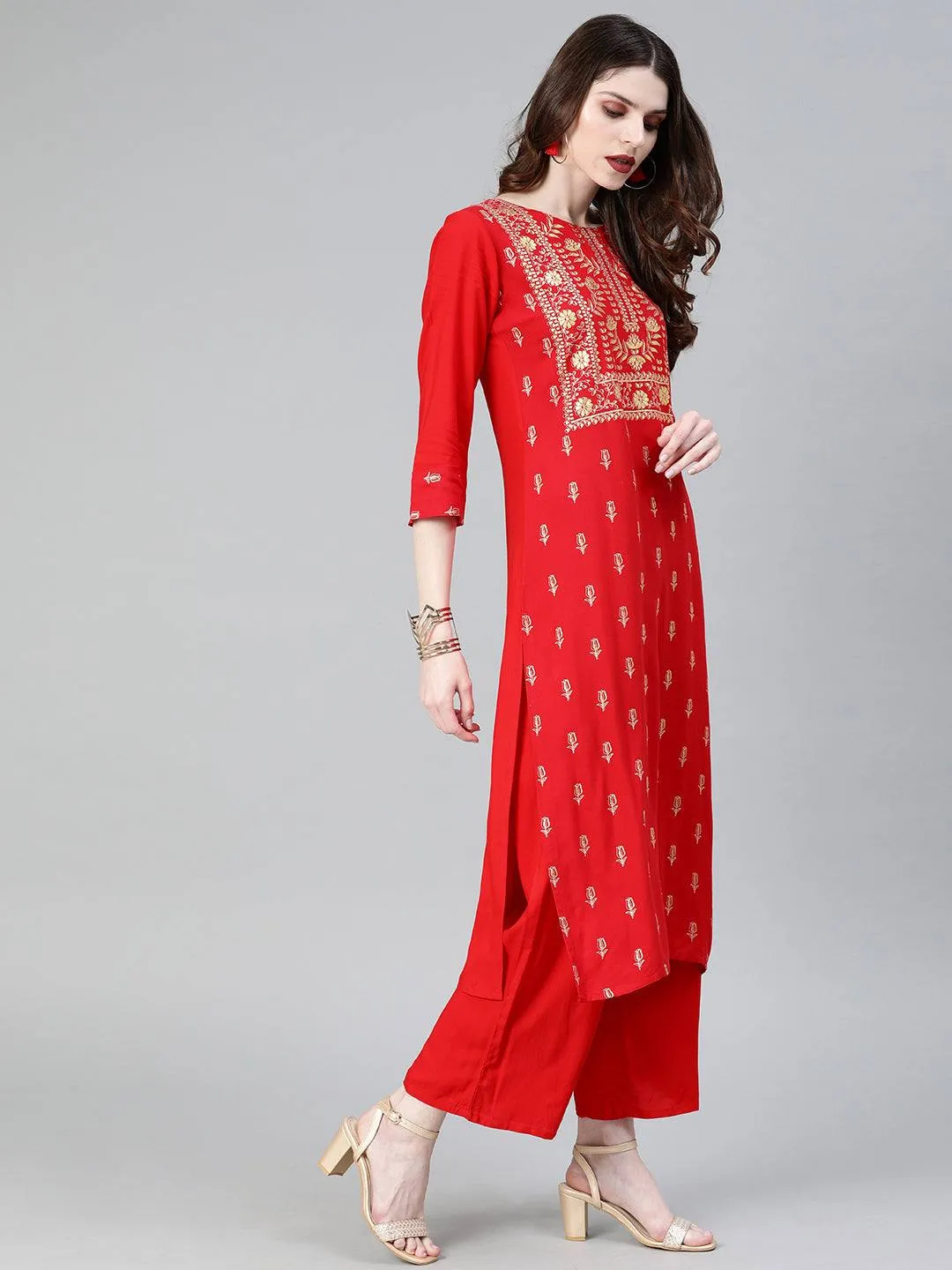 Red Printed Kurta Palazzo Set