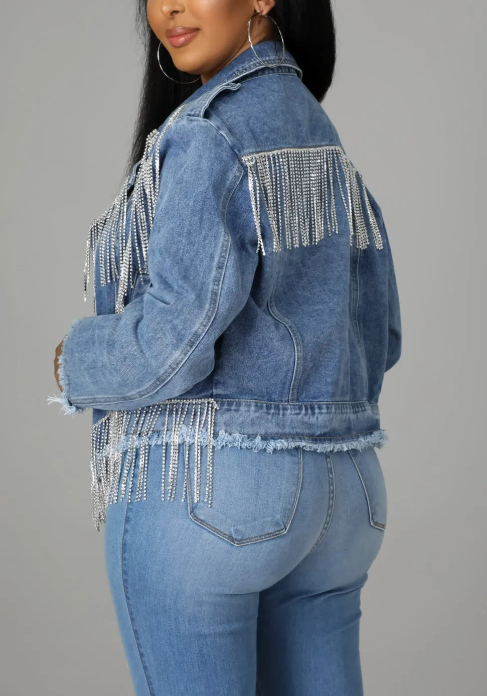 Rhinestone Fringed Denim Jacket