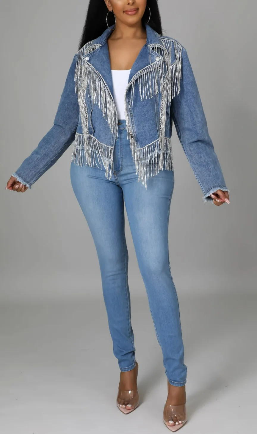 Rhinestone Fringed Denim Jacket