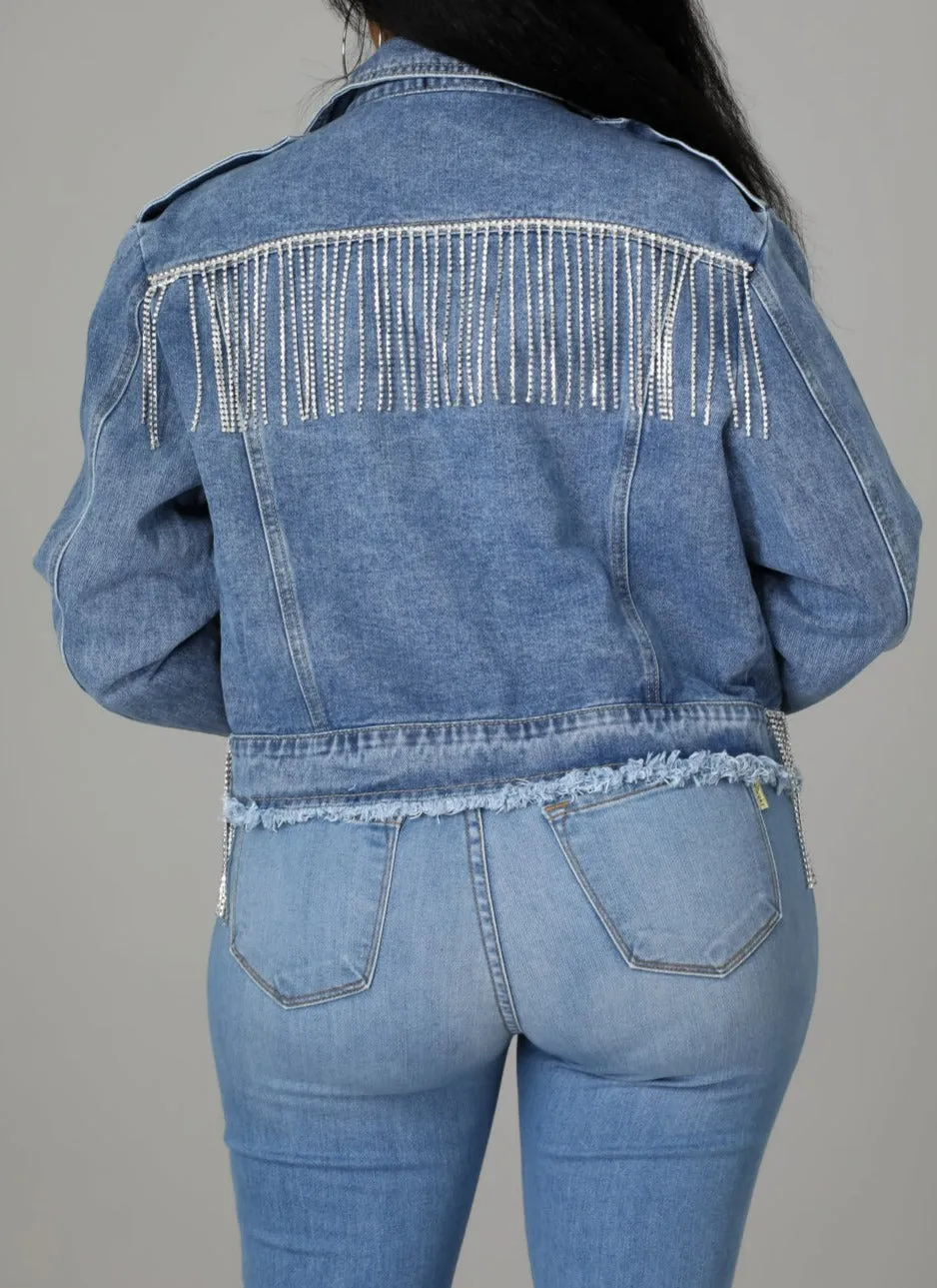 Rhinestone Fringed Denim Jacket