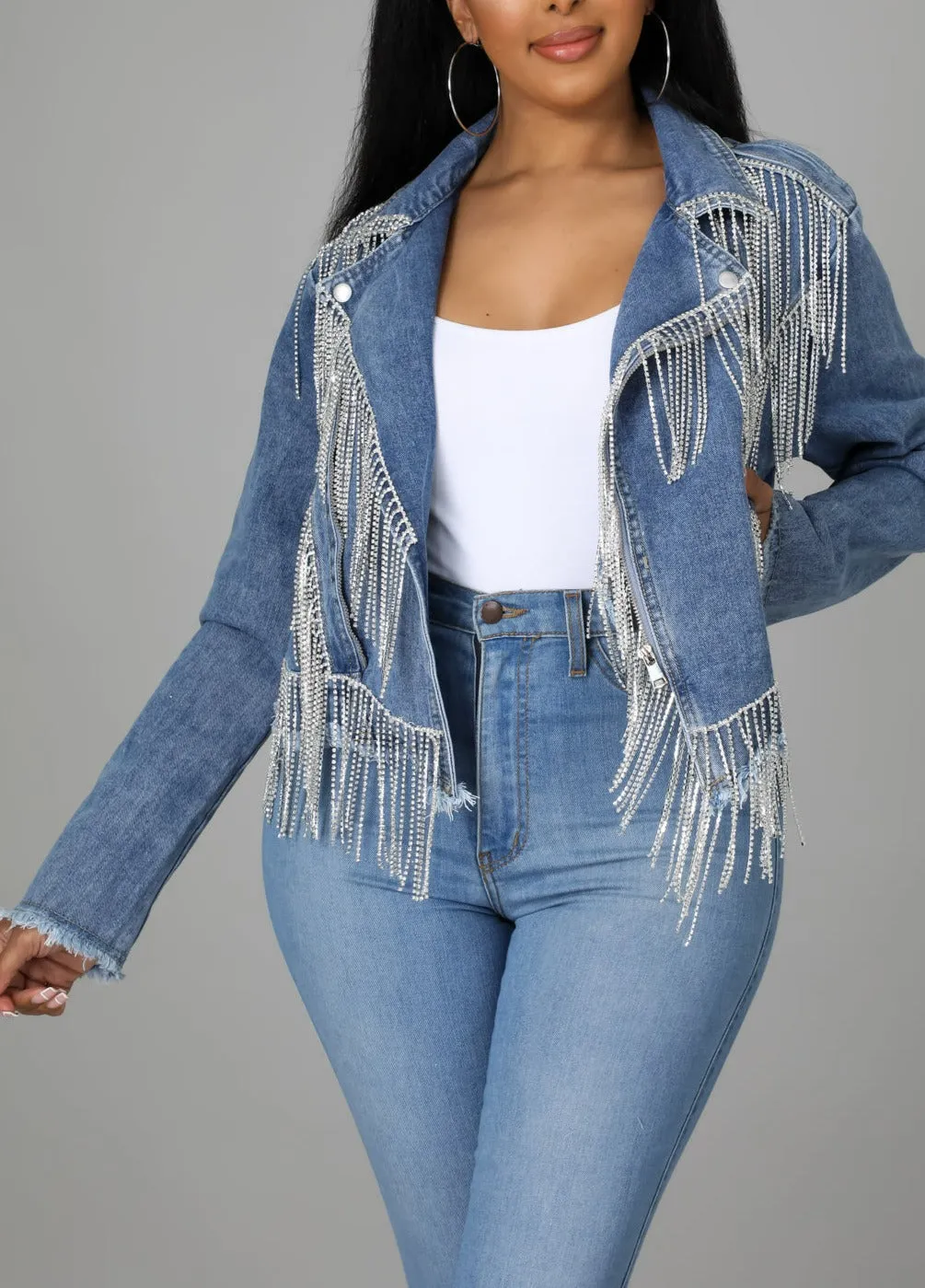 Rhinestone Fringed Denim Jacket