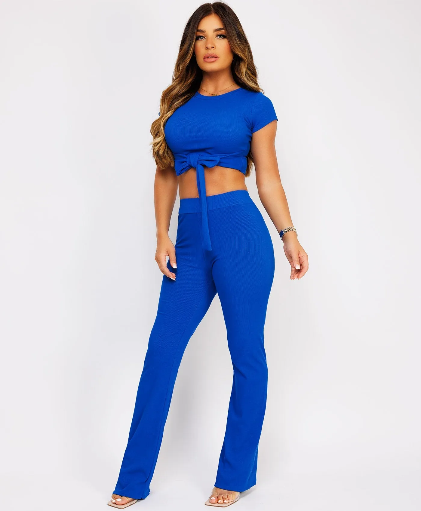 Royal Blue Flare Trousers Tie Up Crop Top Loungewear Set