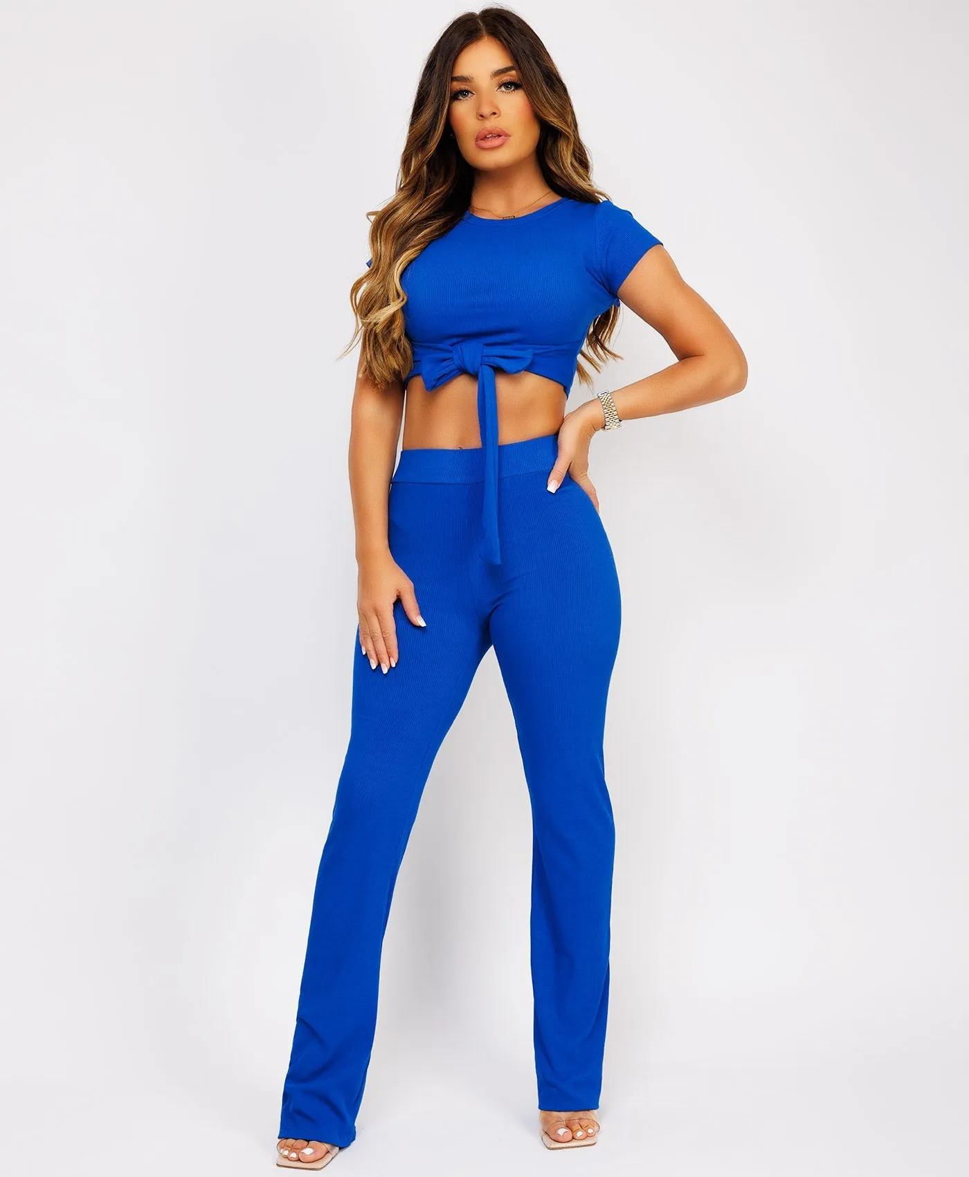 Royal Blue Flare Trousers Tie Up Crop Top Loungewear Set