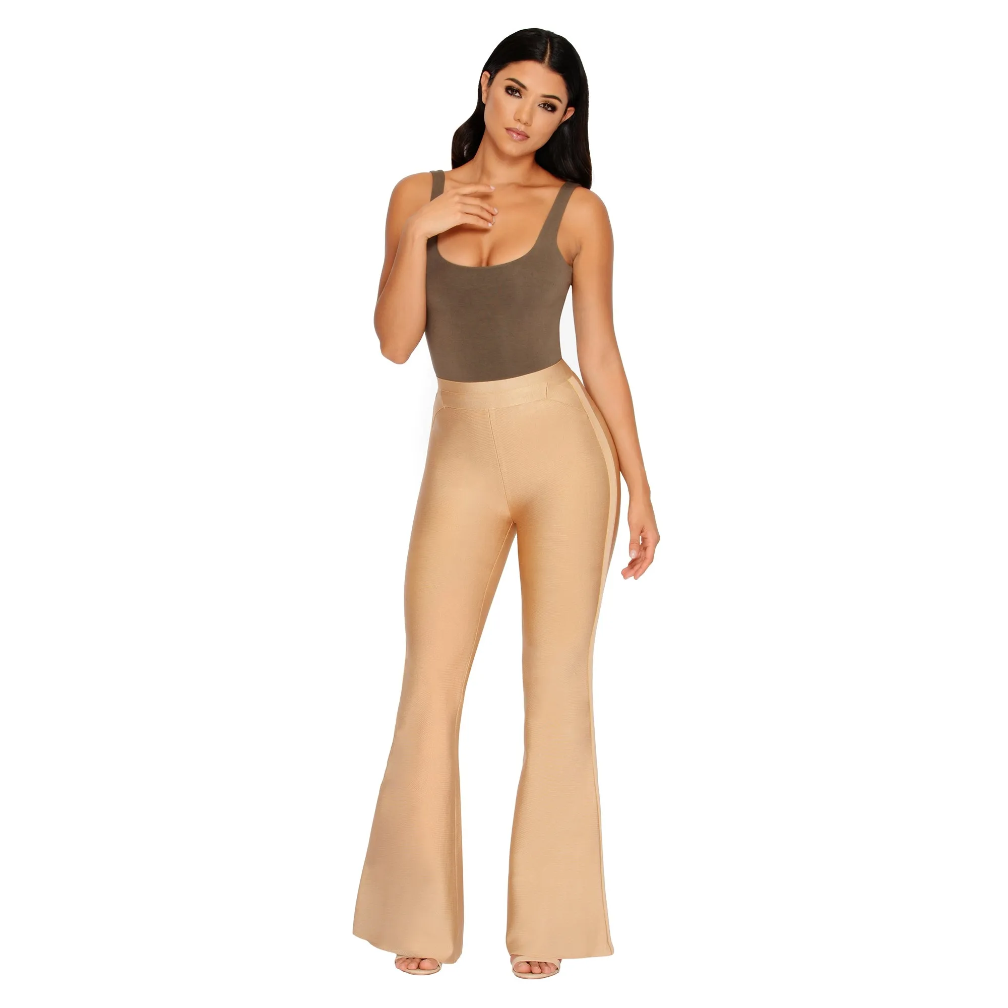 She Who Flares Wins Bandage Flare Trousers in Gold