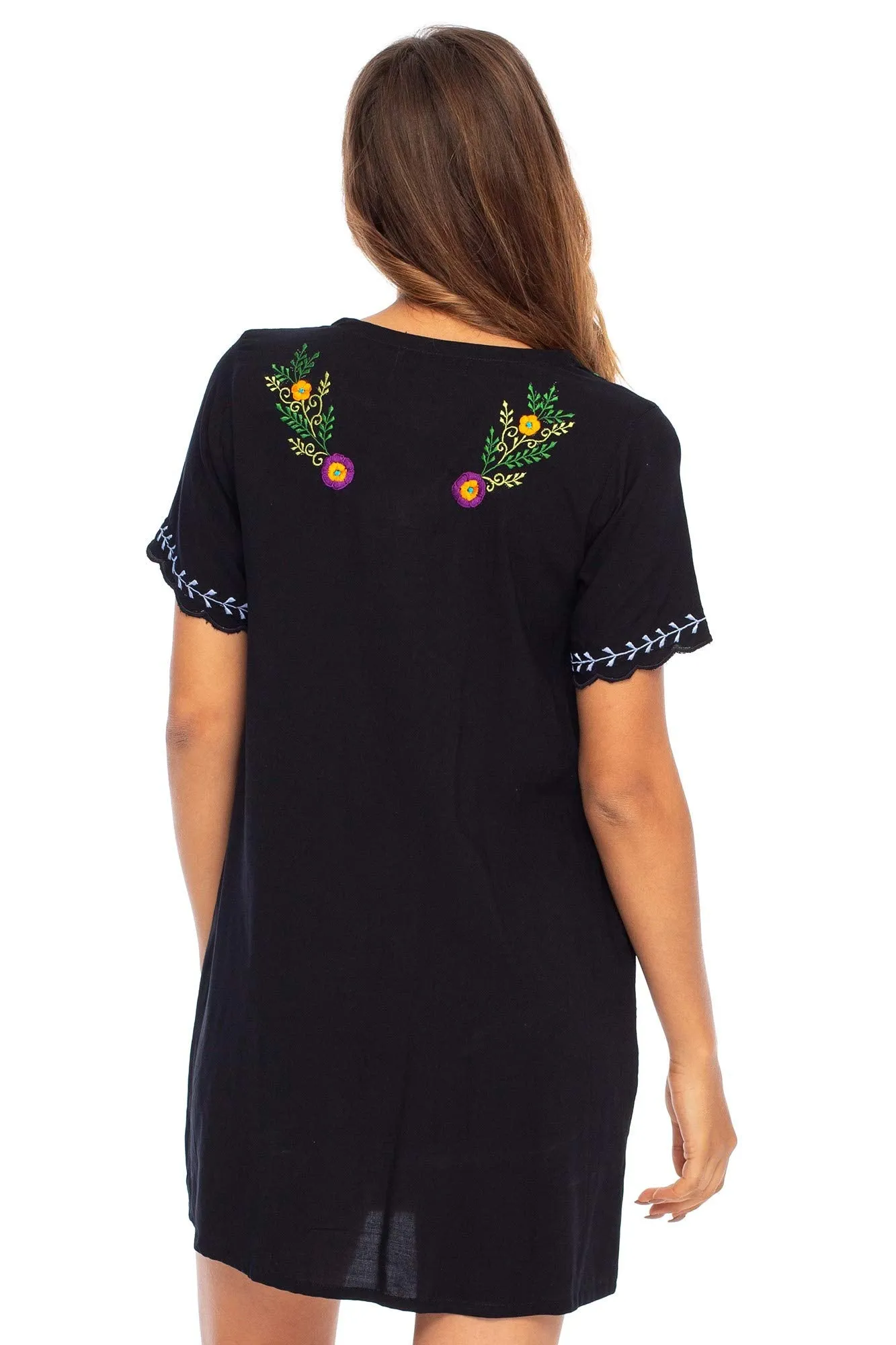 Short Embroidered Casual Floral Tunic Dress with Pockets