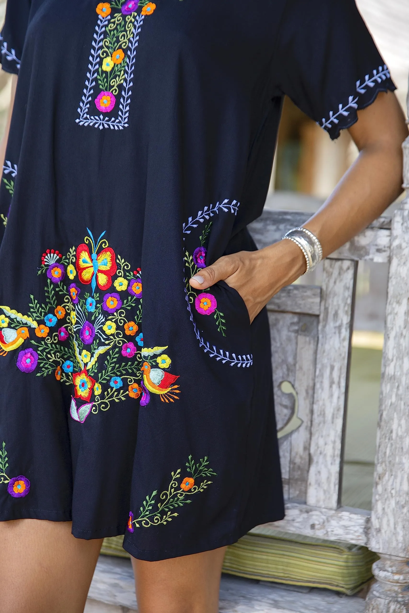 Short Embroidered Casual Floral Tunic Dress with Pockets