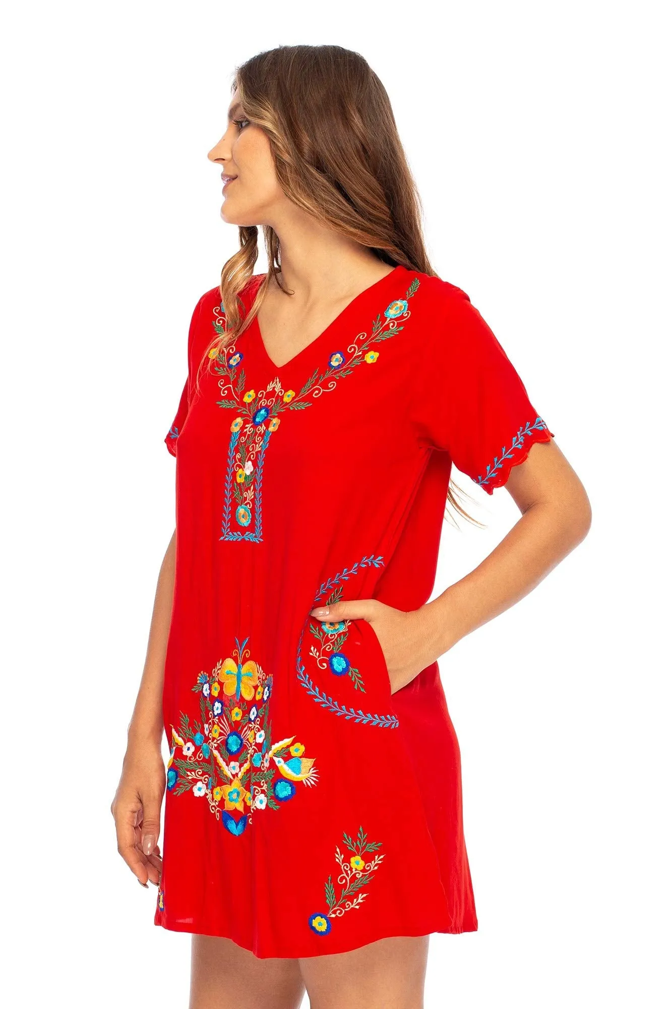 Short Embroidered Casual Floral Tunic Dress with Pockets