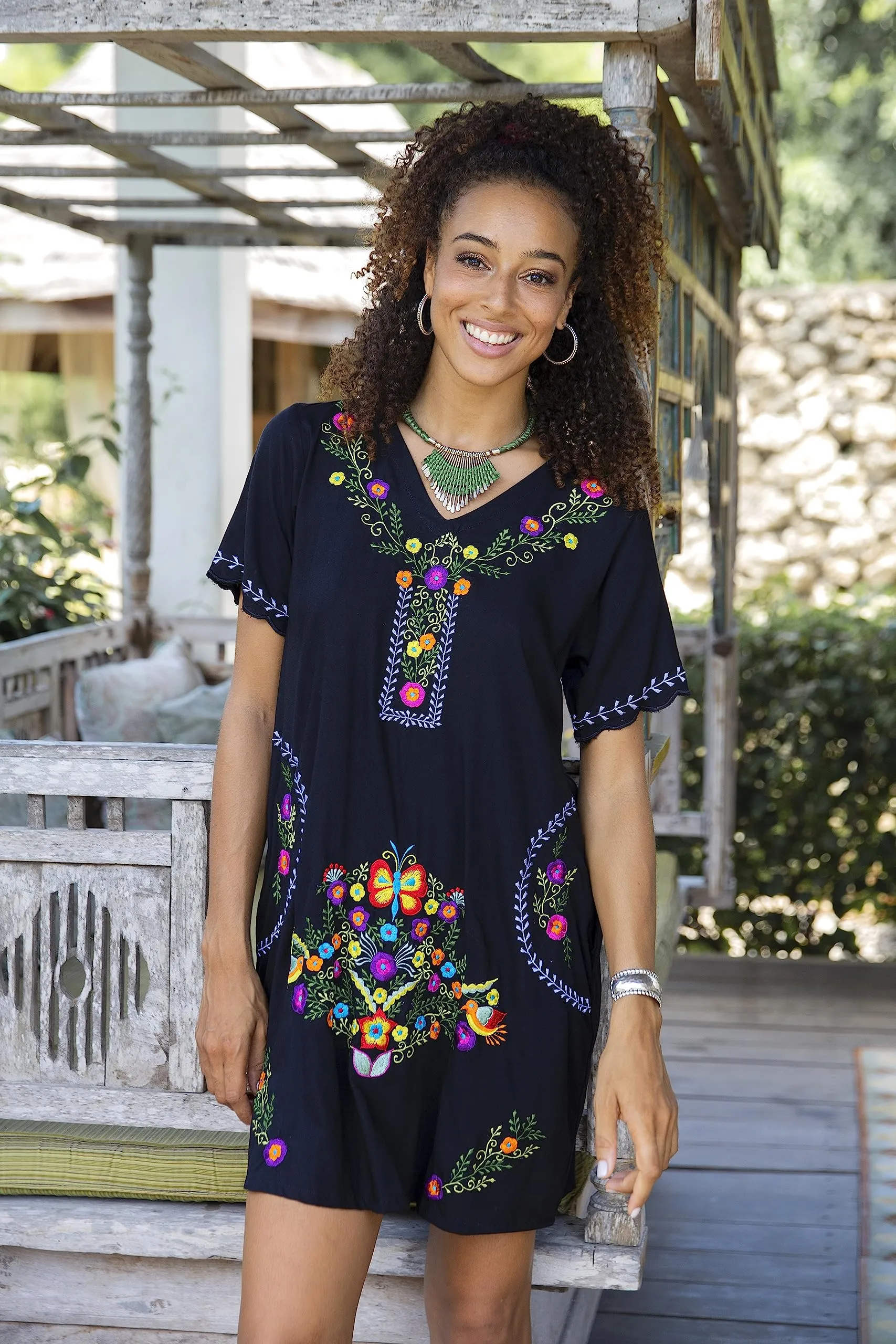 Short Embroidered Casual Floral Tunic Dress with Pockets