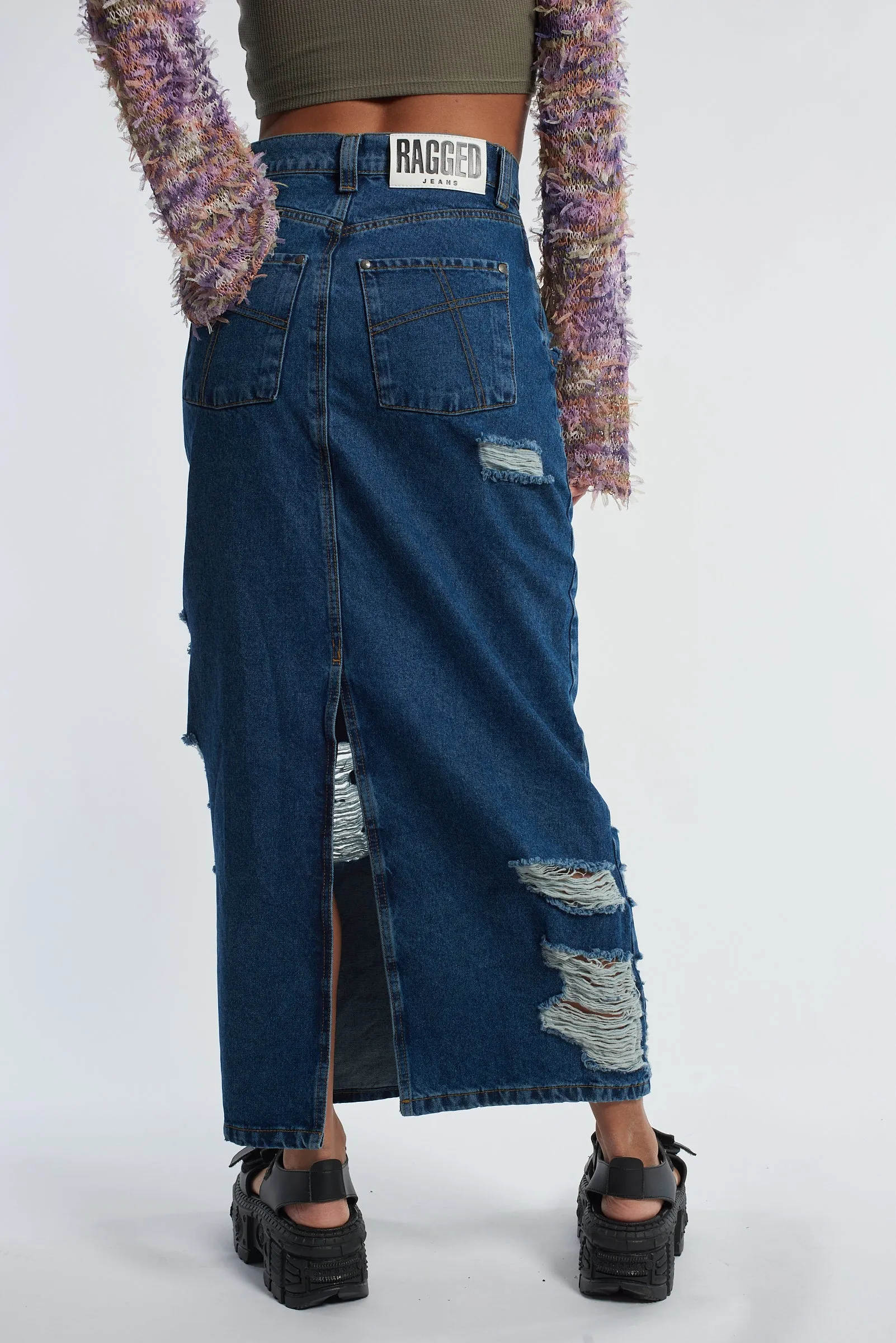 Shredder Distressed Denim Maxi Skirt