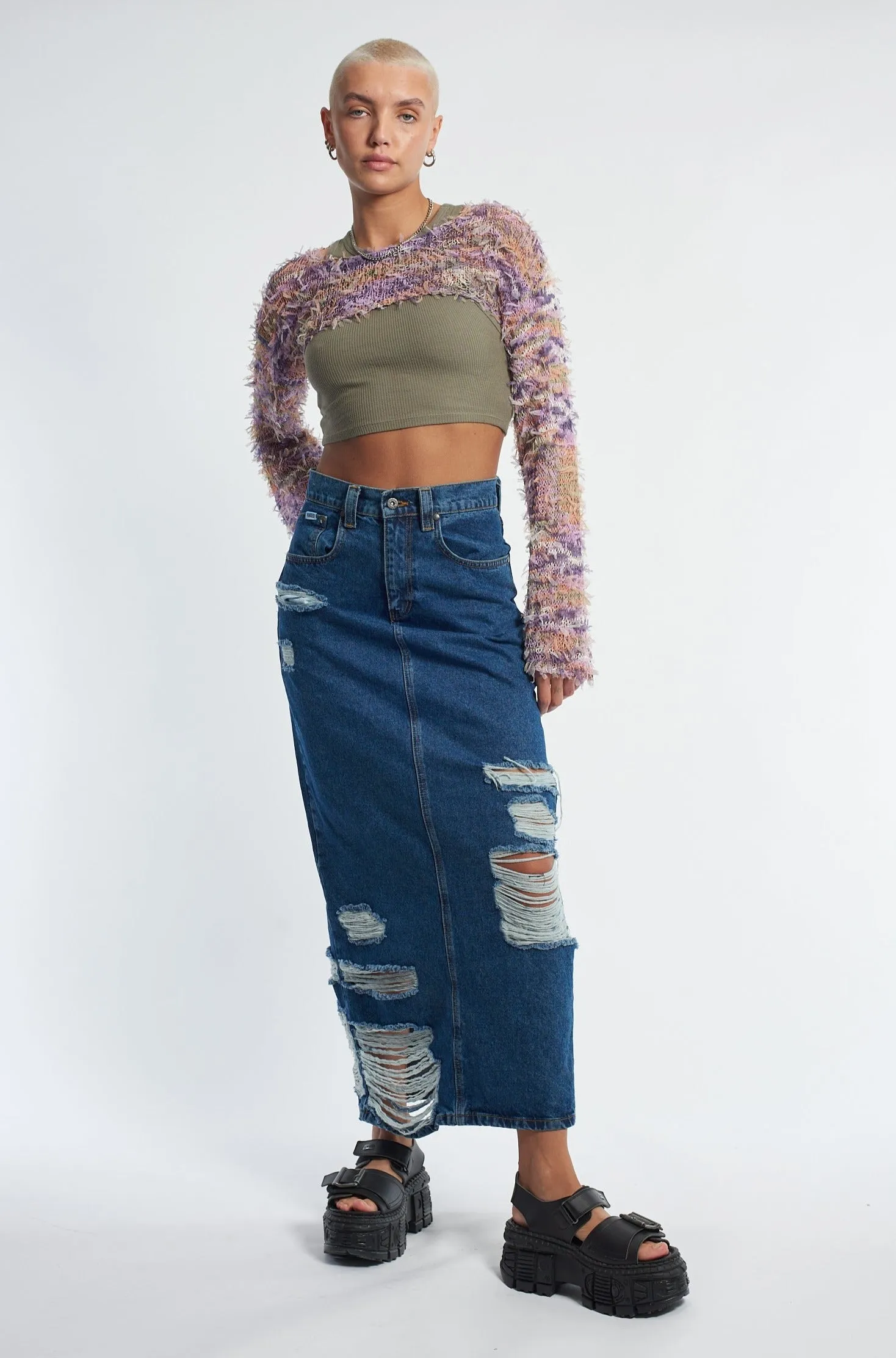 Shredder Distressed Denim Maxi Skirt