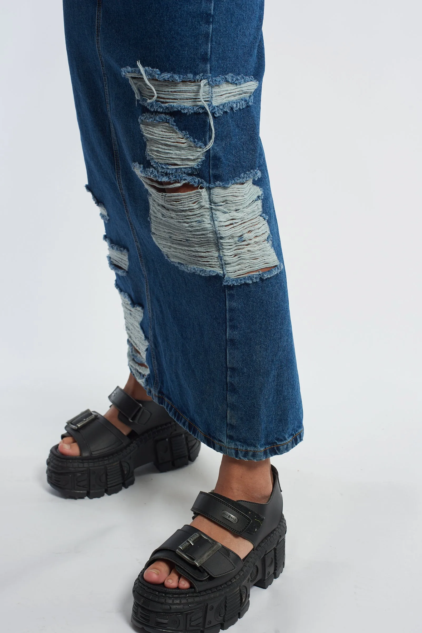 Shredder Distressed Denim Maxi Skirt