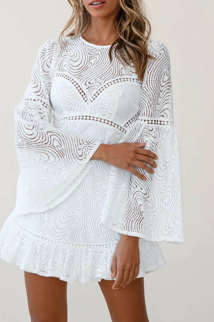 Sky High Long Bell Sleeve Crochet Embroidery Dress White