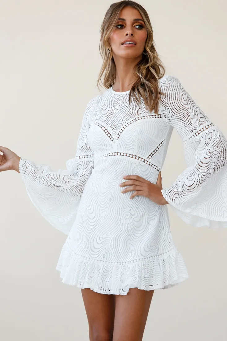 Sky High Long Bell Sleeve Crochet Embroidery Dress White