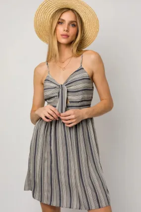 SLEEVELESS FRONT TIE STRIPE DRESS