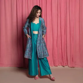 Teal Cotton Chanderi Block Printed Knee Length Overlay