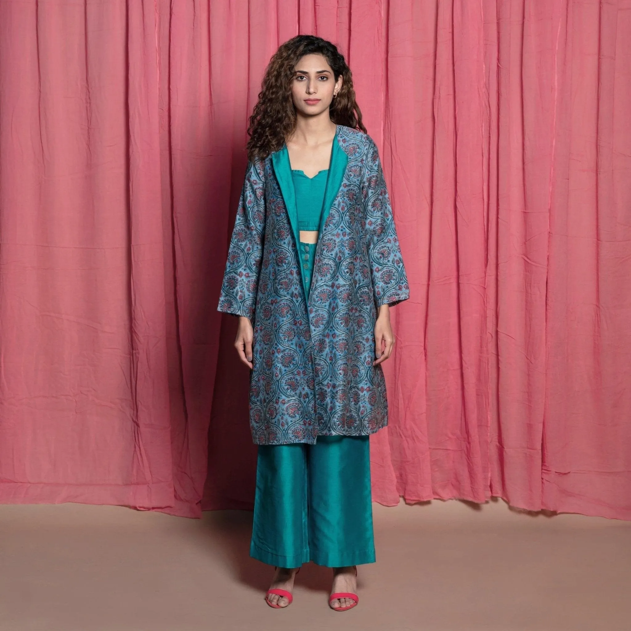 Teal Cotton Chanderi Block Printed Knee Length Overlay