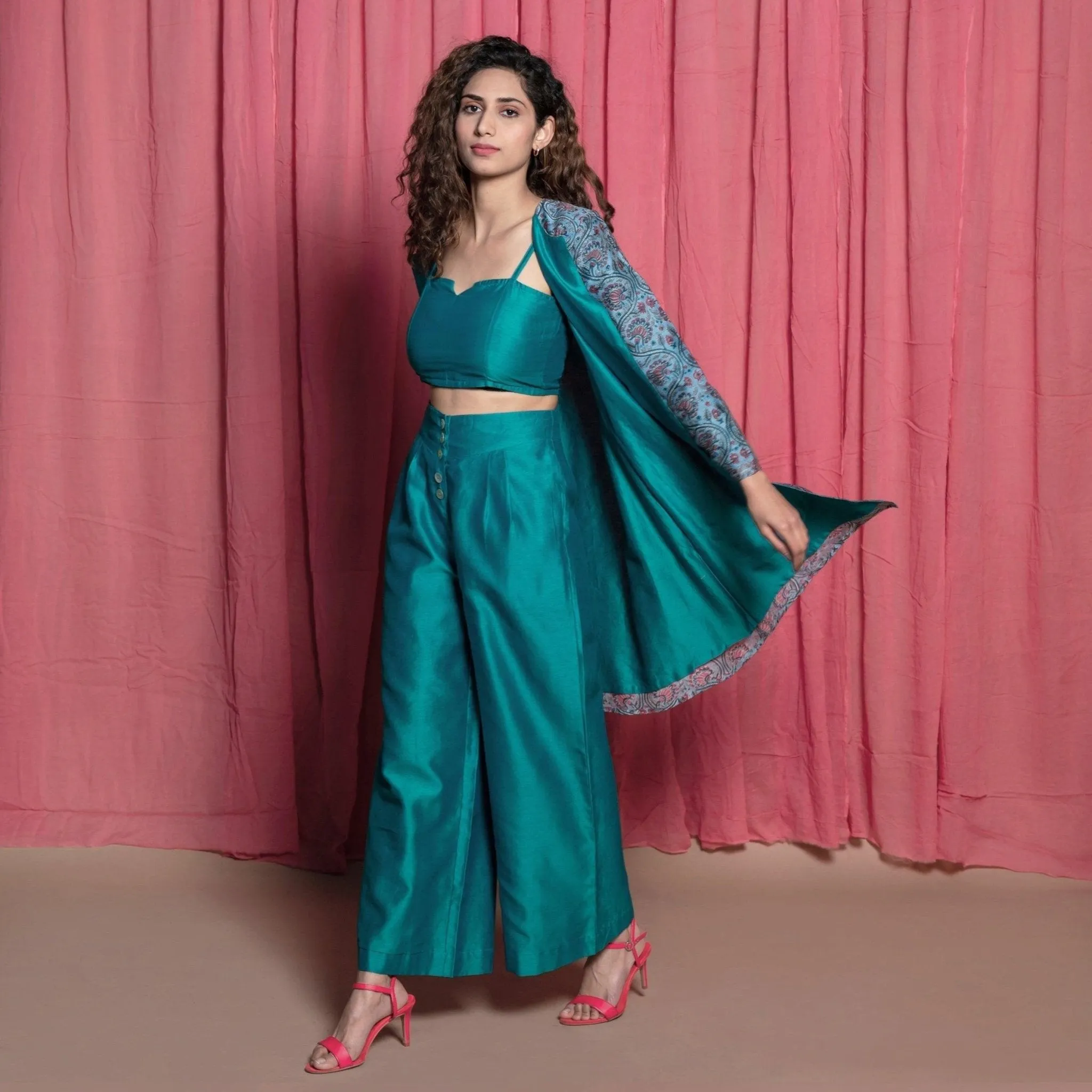 Teal Cotton Chanderi Block Printed Knee Length Overlay