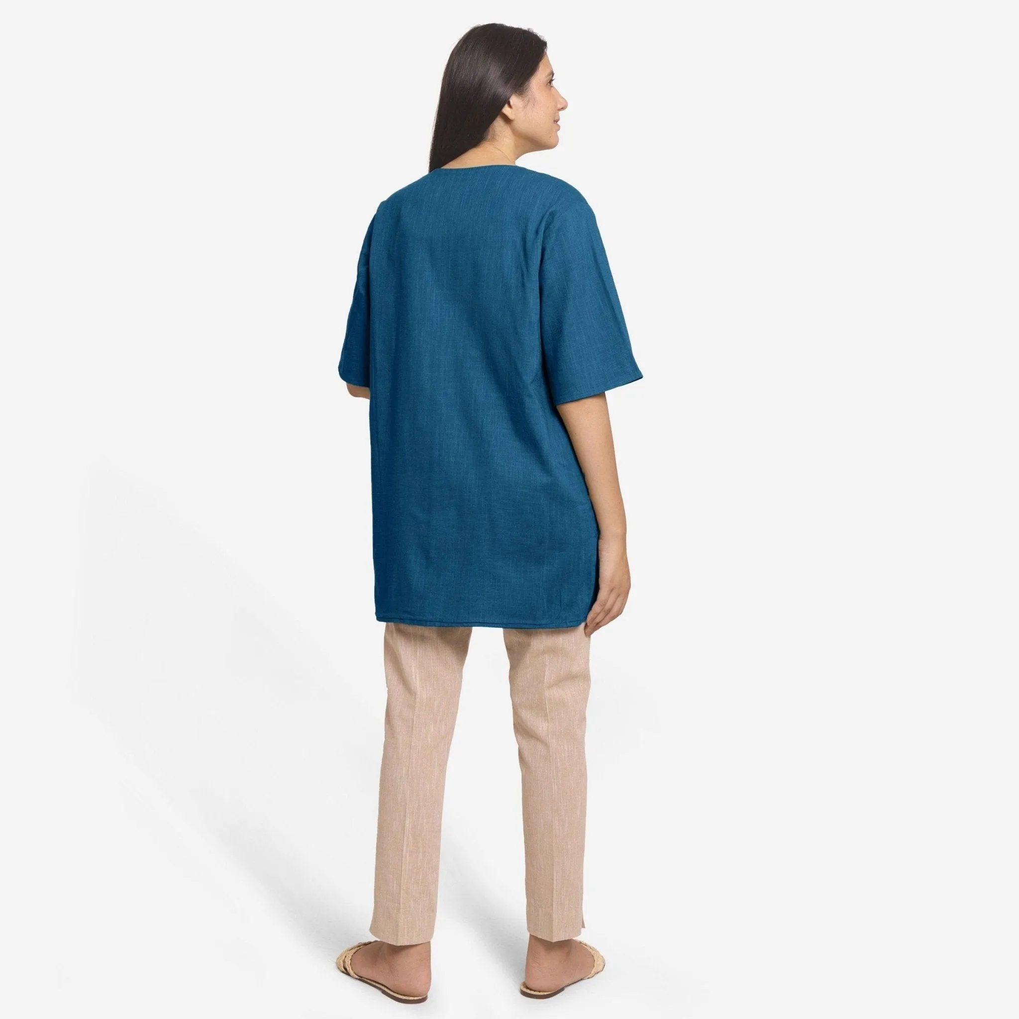 Teal Reversible Cotton Flax Front Open Short Overlay