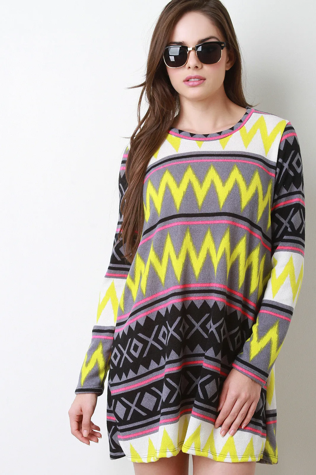 Tribal Long Sleeves Mini Shift Dress