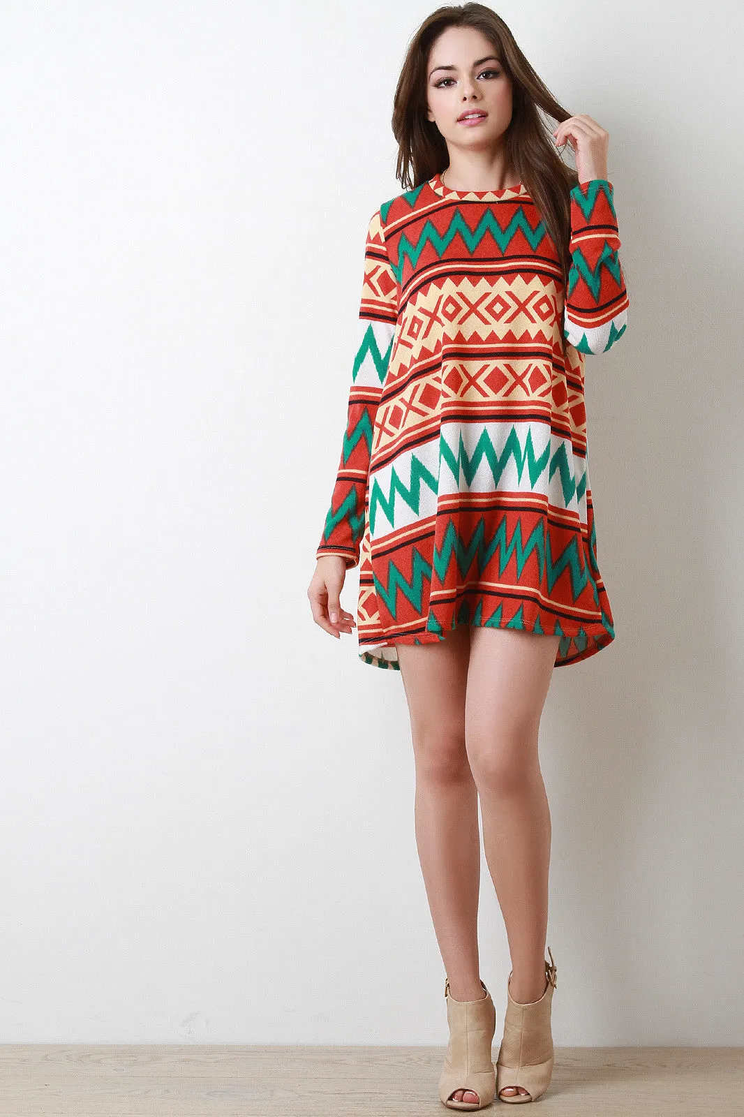 Tribal Long Sleeves Mini Shift Dress