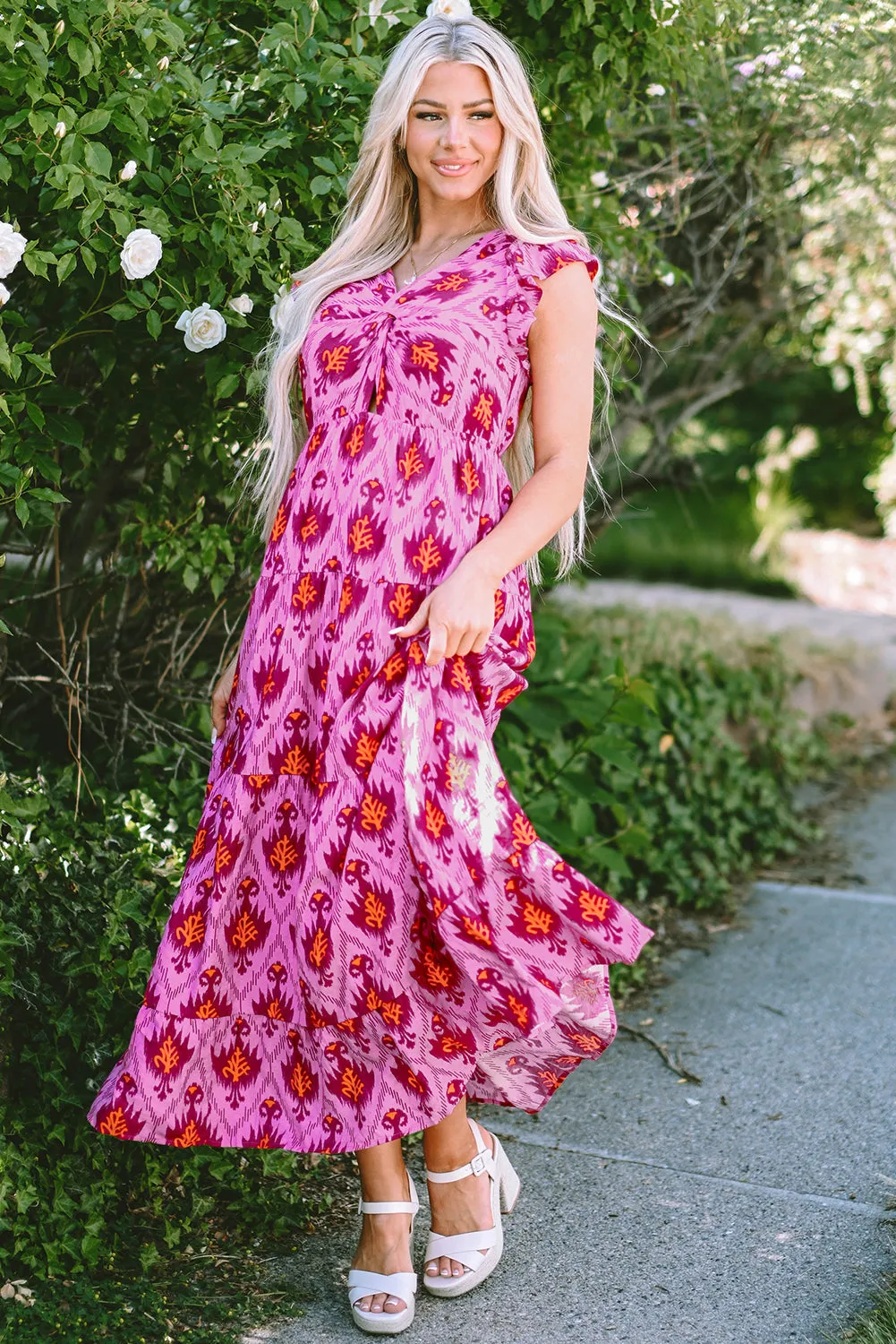 Twisted Front Ruffled Sleeve Maxi Dress