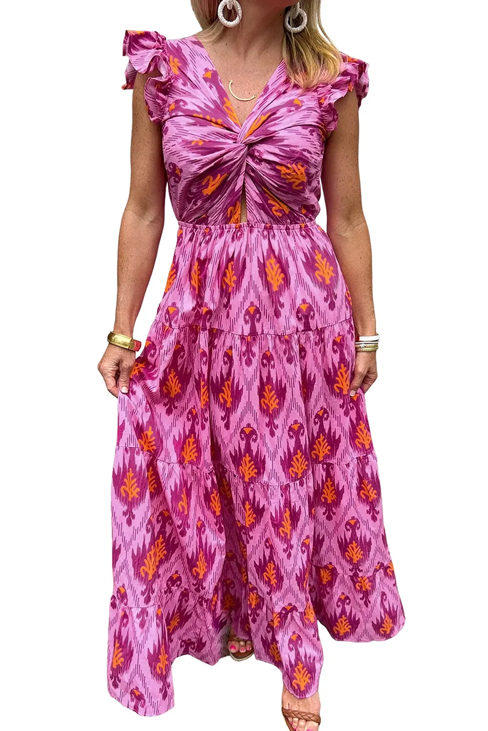 Twisted Front Ruffled Sleeve Maxi Dress