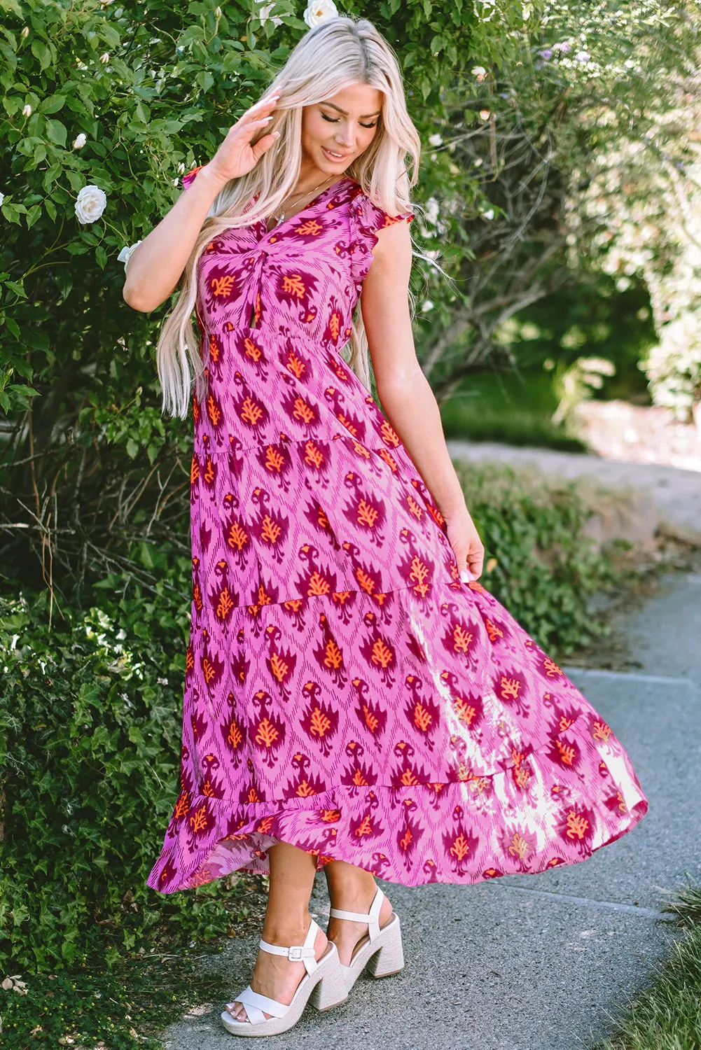 Twisted Front Ruffled Sleeve Maxi Dress