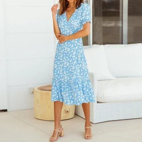 V-Neck Floral Printed Midi Dress