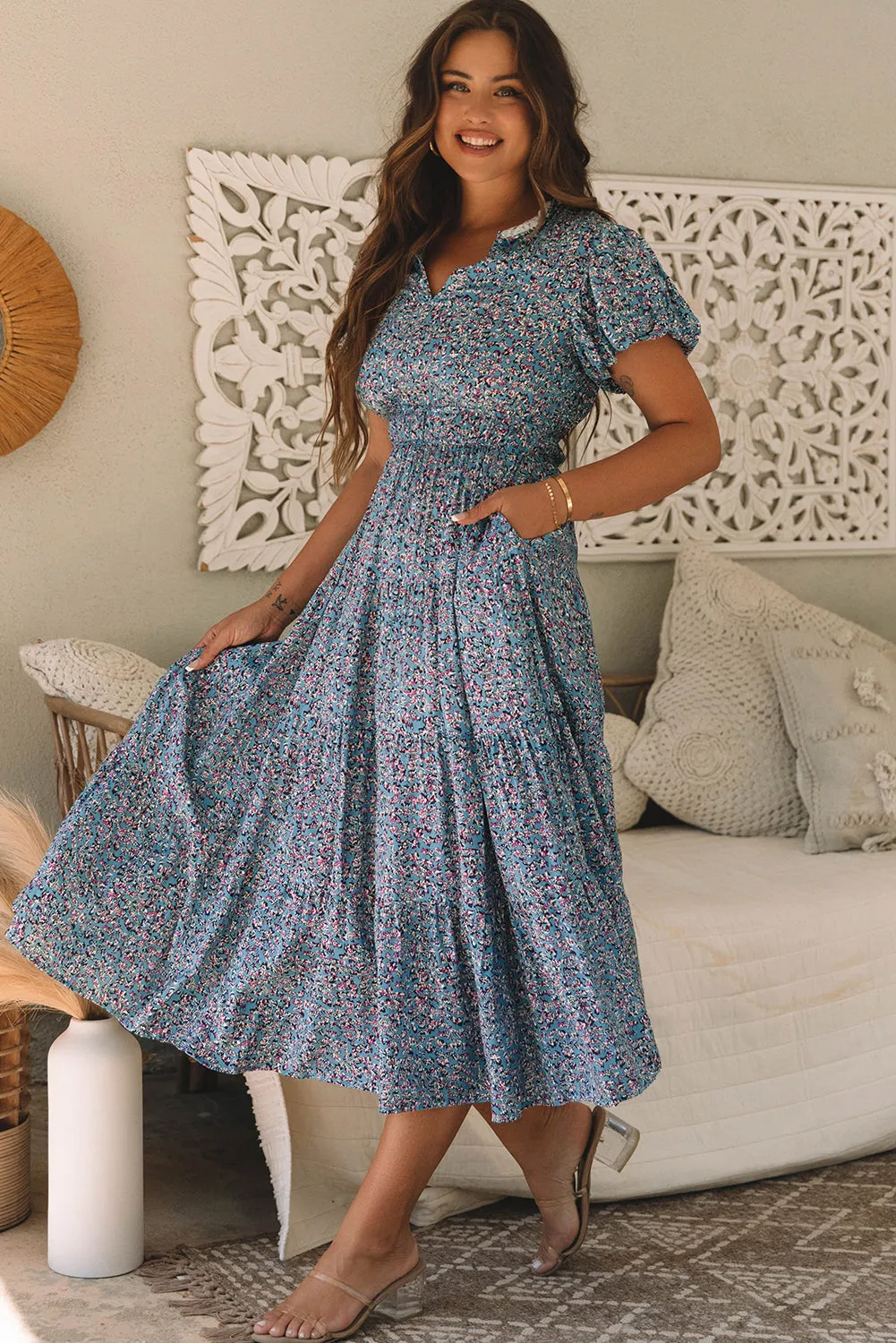 V Neck Shirred Short Puff Sleeve Maxi Dress