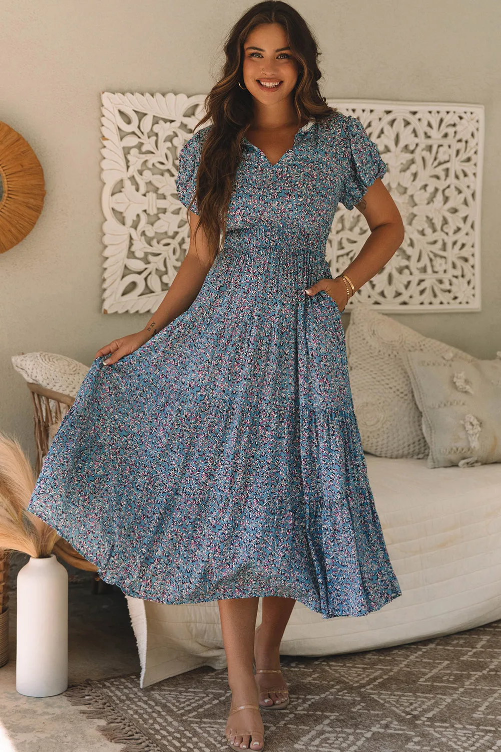 V Neck Shirred Short Puff Sleeve Maxi Dress