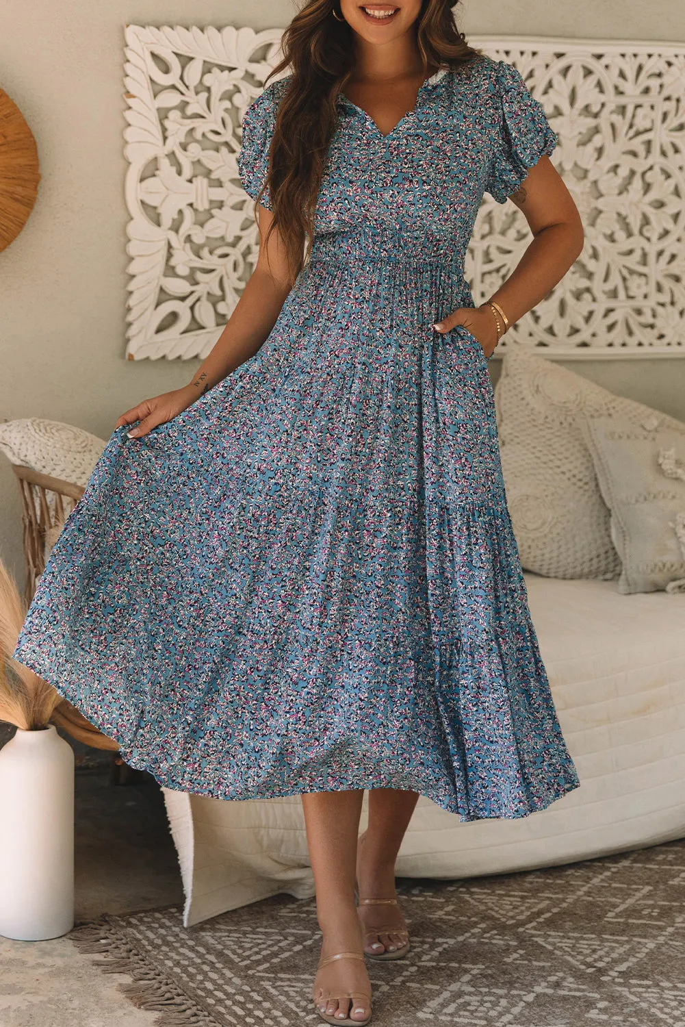 V Neck Shirred Short Puff Sleeve Maxi Dress