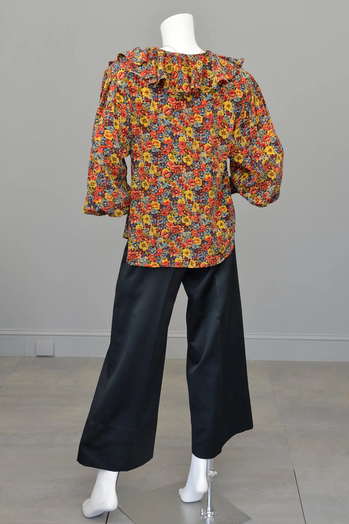 Vintage Floral Print Silk Balloon Sleeve Ruffle Blouse