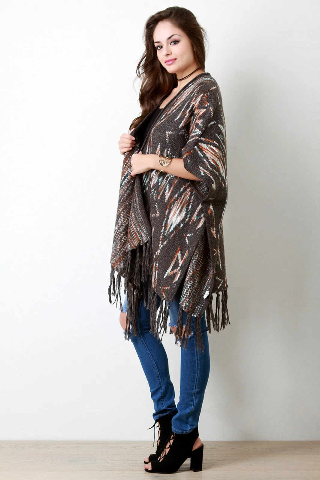 Wild West Tassel Fringed Hem Side Button Poncho